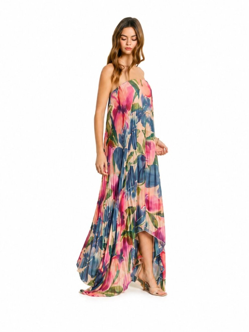 Floral Strapless Pleated Maxi Column Dress